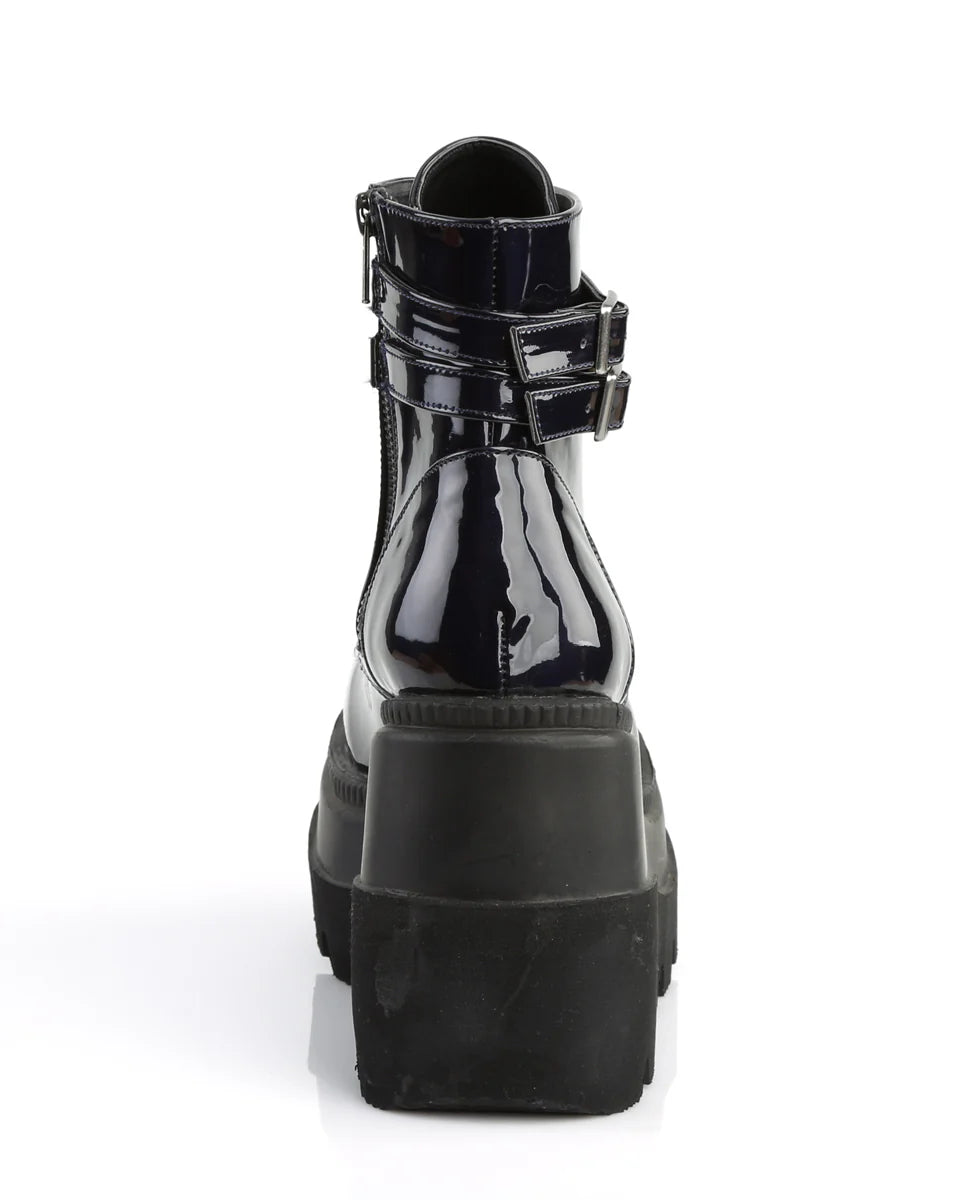 Demonia Holographic Black Stacked Platform Ankle Boots