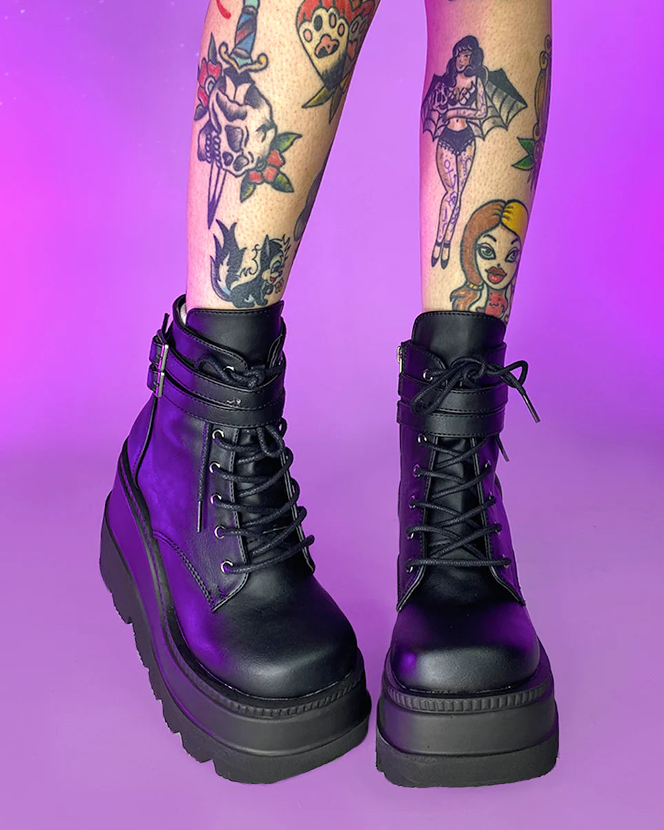 Demonia Matte Black Stacked Platform Boots