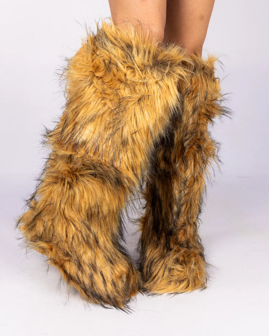 Brown Animalistic Women's Faux Fur Platform Boots