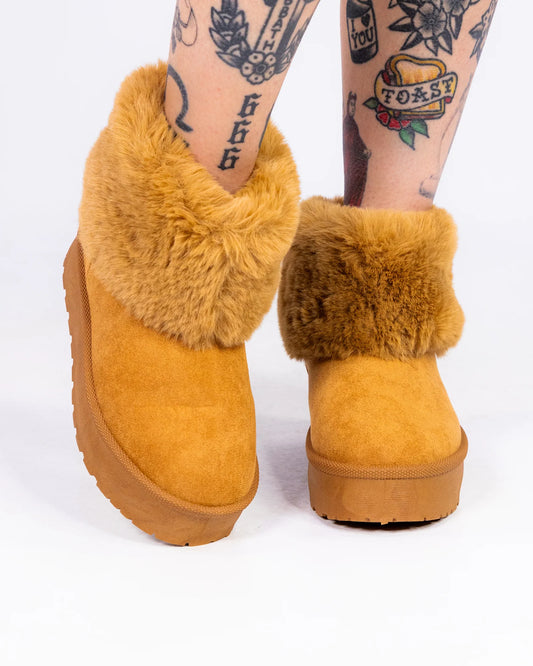 So Bae-sic Tan Faux Fur Booties