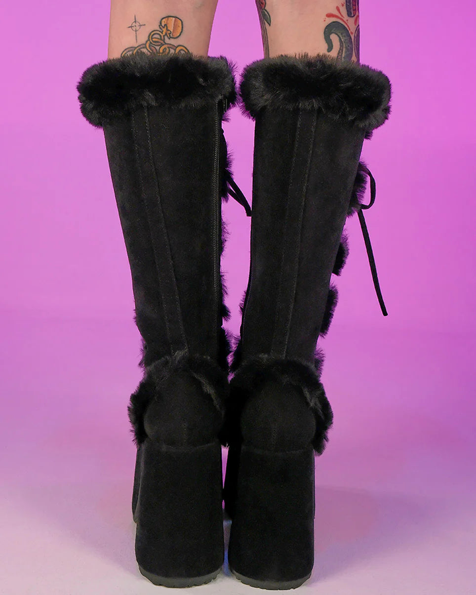 Demonia Black Furry Winter Faux Fur Boots