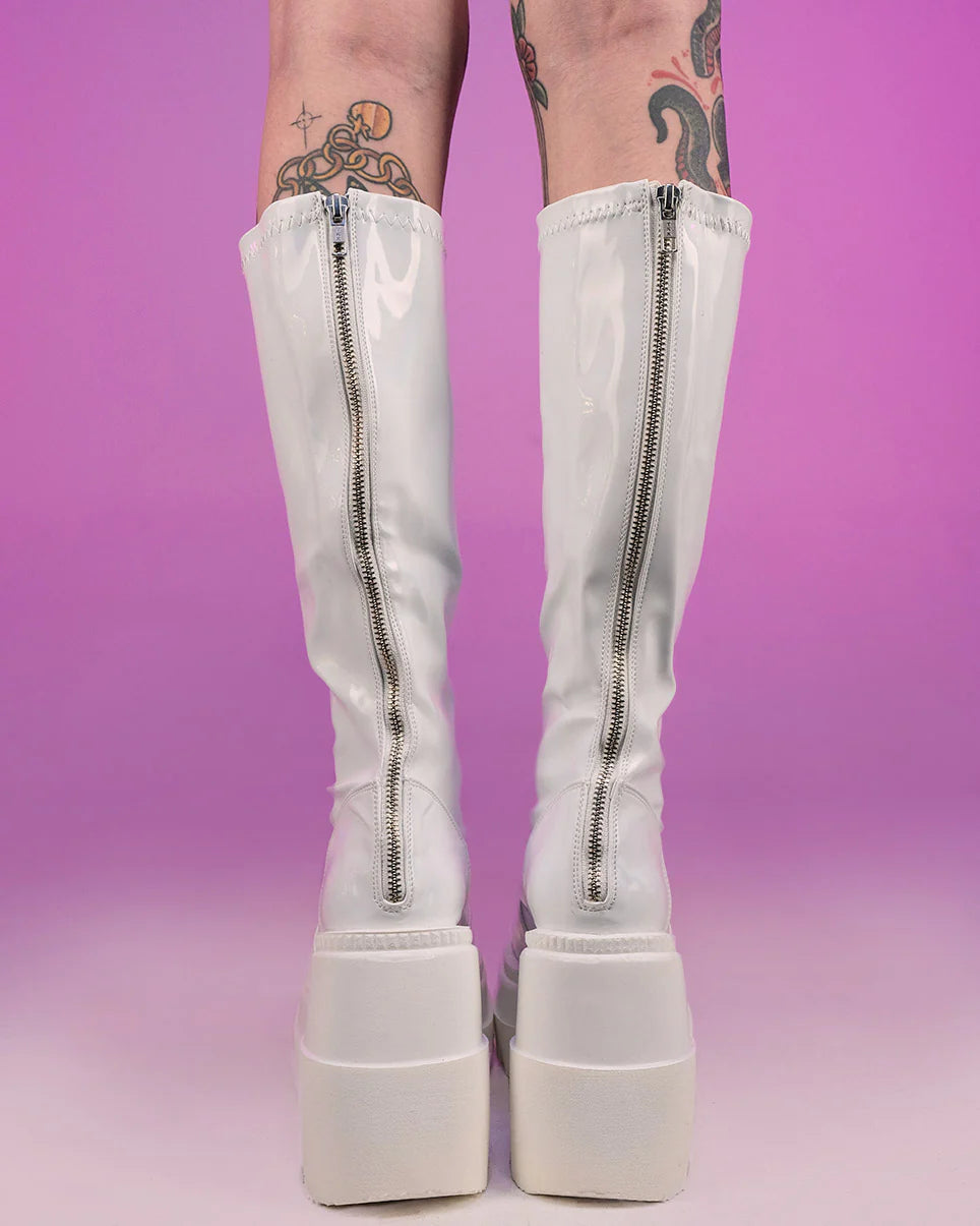 Demonia Shaker White Holo Knee High Boots