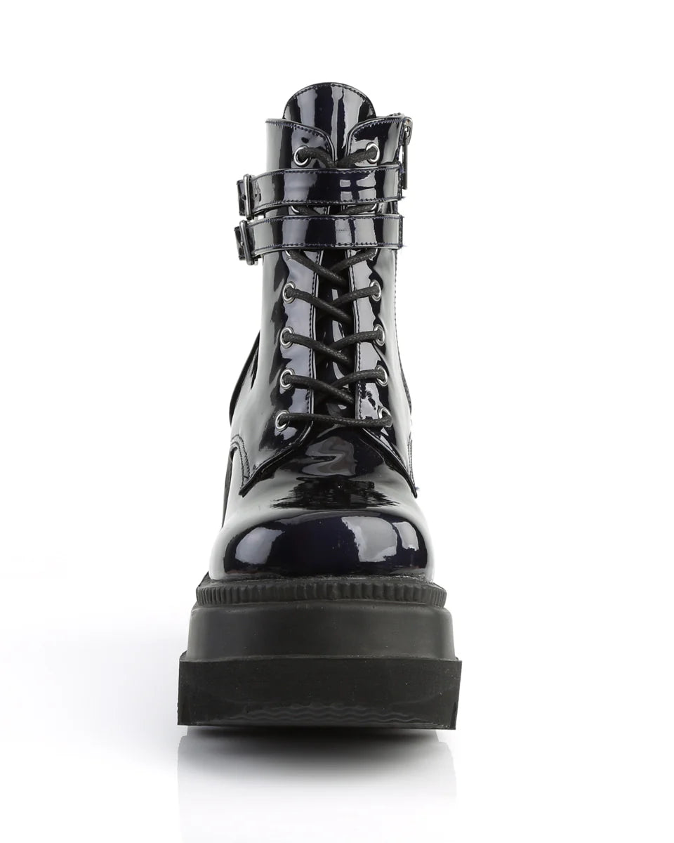 Demonia Holographic Black Stacked Platform Ankle Boots