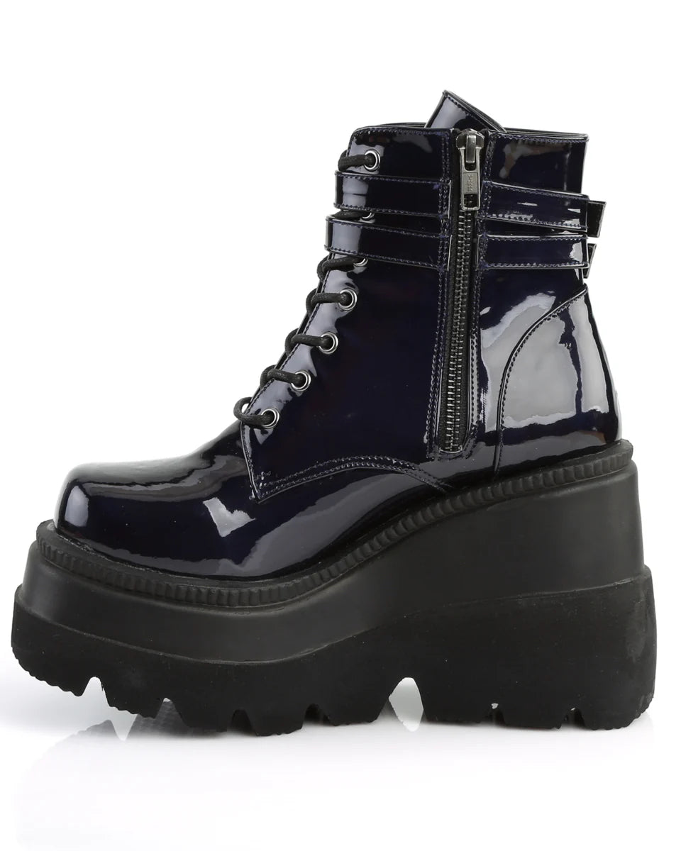 Demonia Holographic Black Stacked Platform Ankle Boots