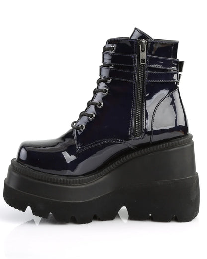 Demonia Holographic Black Stacked Platform Ankle Boots