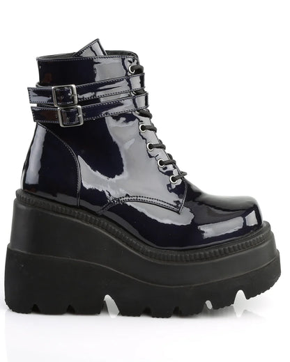 Demonia Holographic Black Stacked Platform Ankle Boots