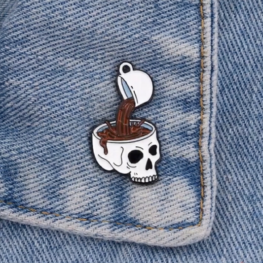 Skull and Pouring Coffee Cup Brooch Enamel Pin