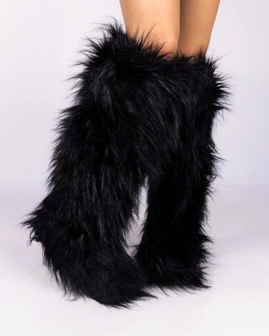 Black Animalistic Women's Faux Fur Platform Boots - InstaWOW Shop