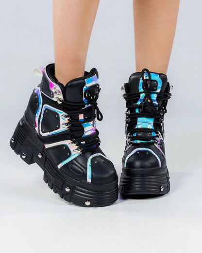 Black Holo Mangosteen Women's Wedge Sneakers - InstaWOW Shop