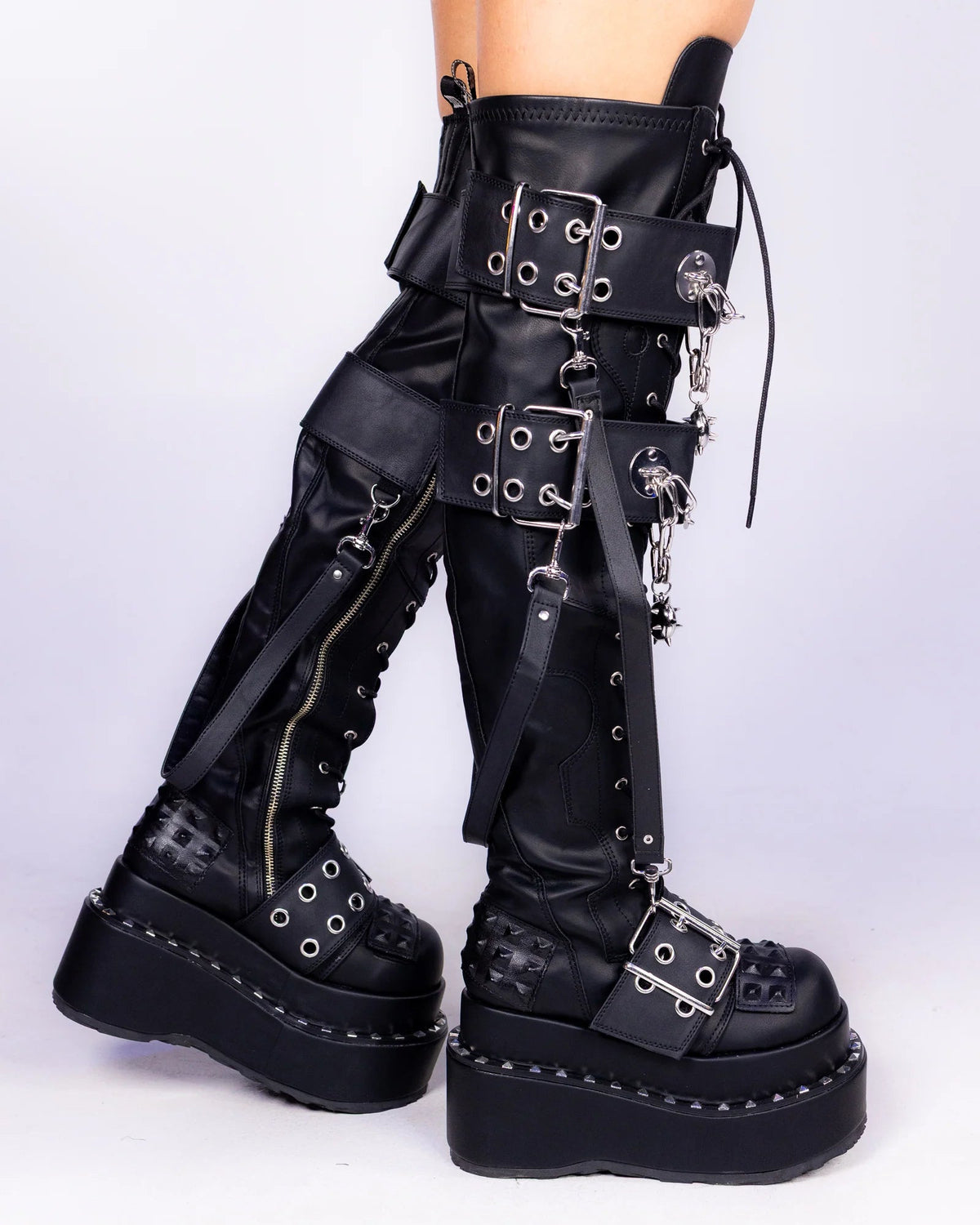 Demonia Bear Spike Matte Black Women's Thigh High Platform Boots - InstaWOW Shop