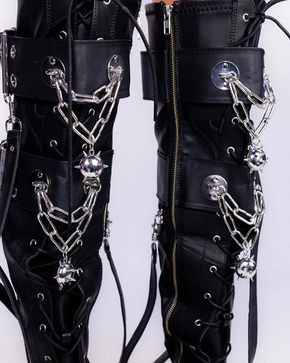 Demonia Bear Spike Matte Black Women's Thigh High Platform Boots - InstaWOW Shop
