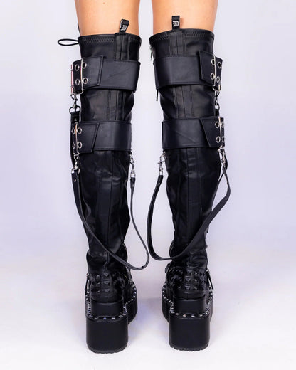 Demonia Bear Spike Matte Black Women's Thigh High Platform Boots - InstaWOW Shop