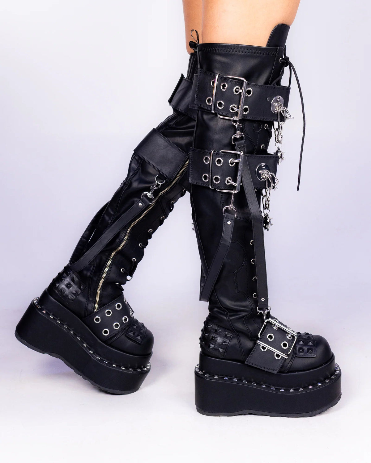 Demonia Bear Spike Matte Black Women's Thigh High Platform Boots - InstaWOW Shop