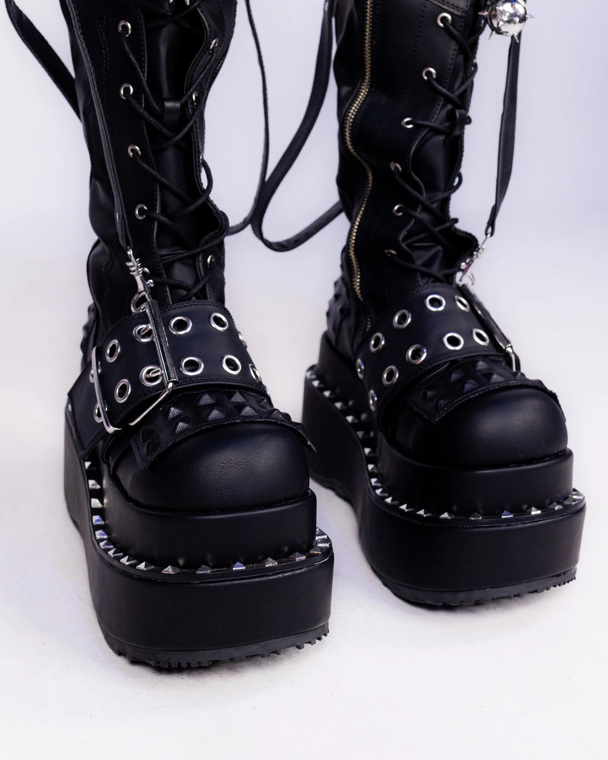 Demonia Bear Spike Matte Black Women's Thigh High Platform Boots - InstaWOW Shop