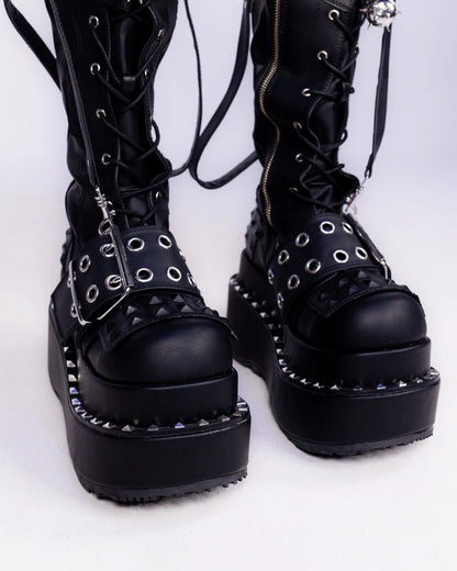 Demonia Bear Spike Matte Black Women's Thigh High Platform Boots - InstaWOW Shop