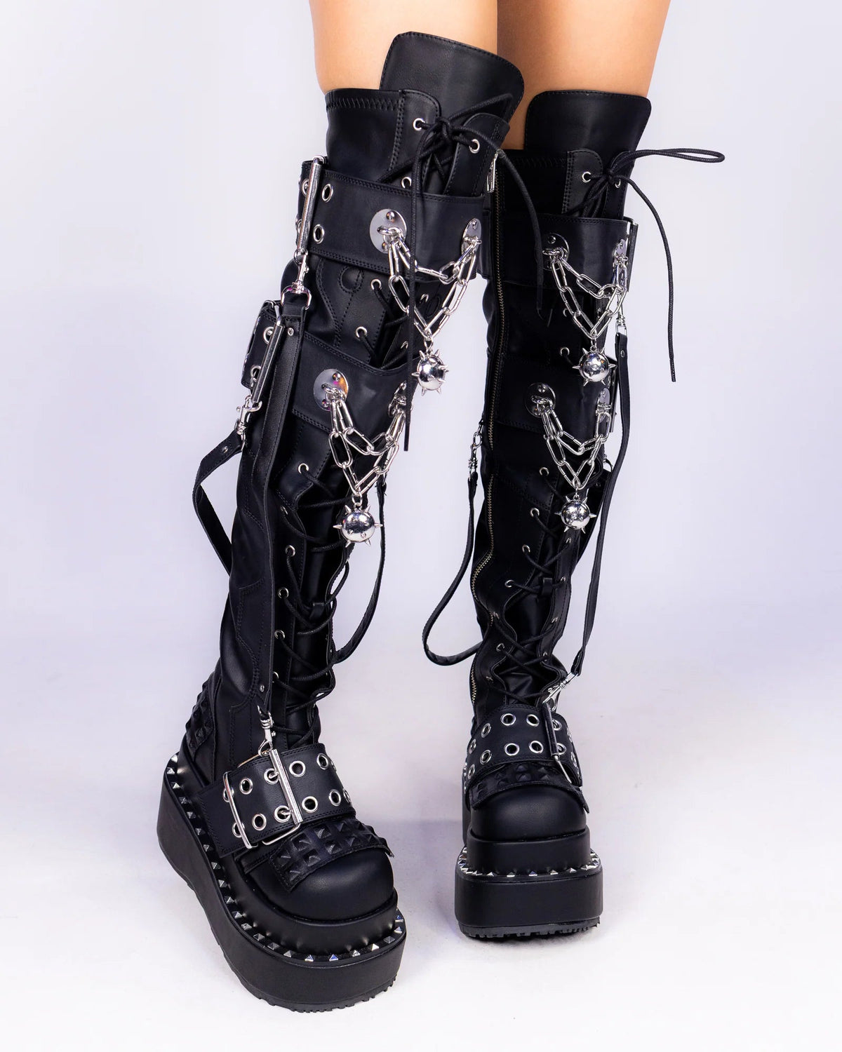 Demonia Bear Spike Matte Black Women's Thigh High Platform Boots - InstaWOW Shop