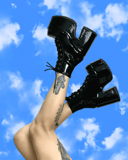 Demonia Black Patent Lace - Up Women's Platform Ankle Boots - InstaWOW Shop