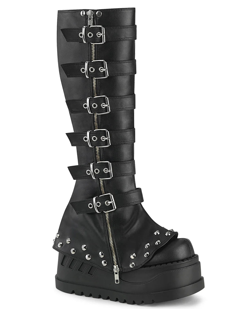 Demonia Buckled Stomp Women's Black Knee High Boots - InstaWOW Shop