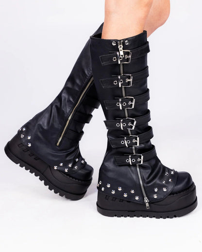 Demonia Buckled Stomp Women's Black Knee High Boots - InstaWOW Shop