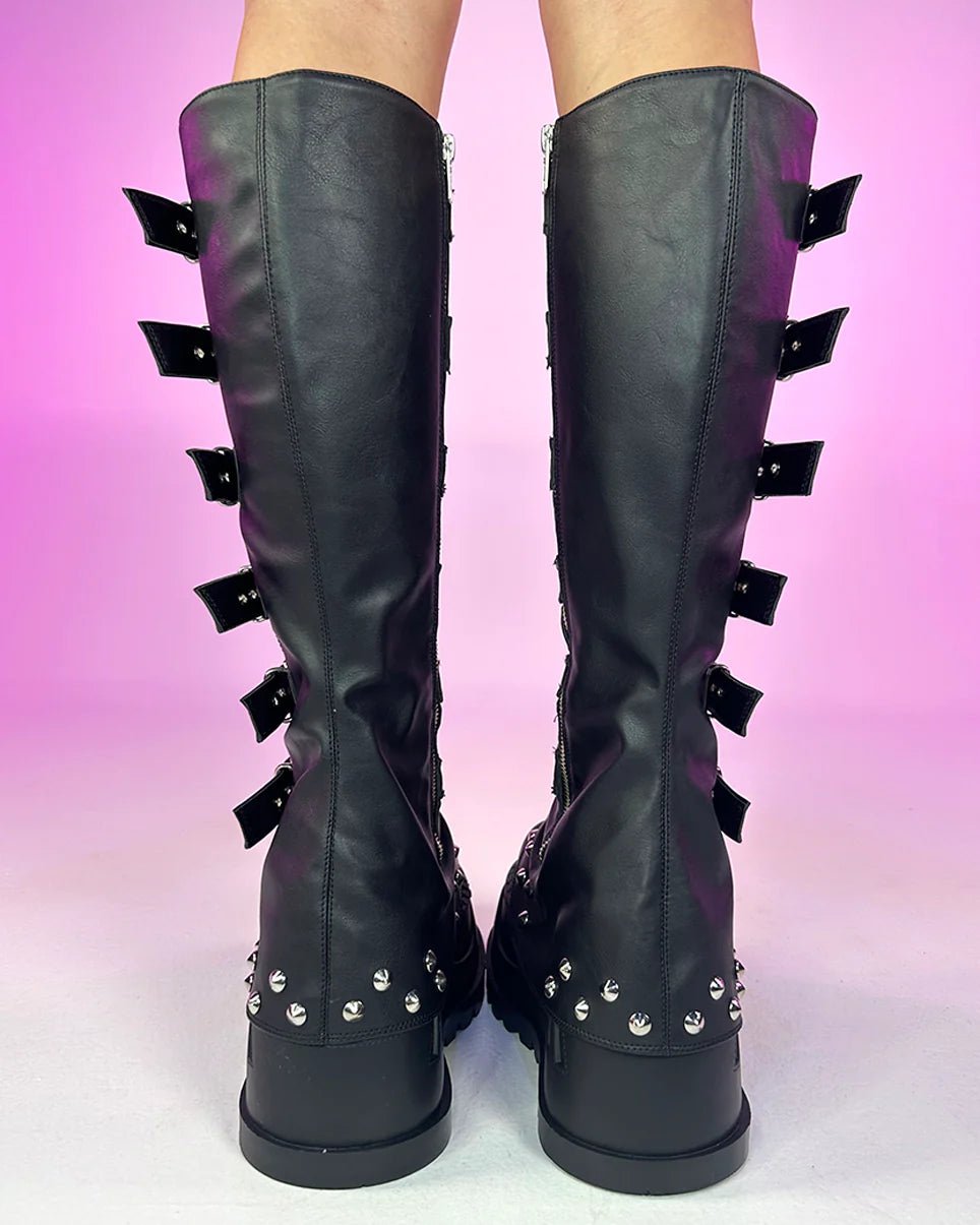 Demonia Buckled Stomp Women's Black Knee High Boots - InstaWOW Shop