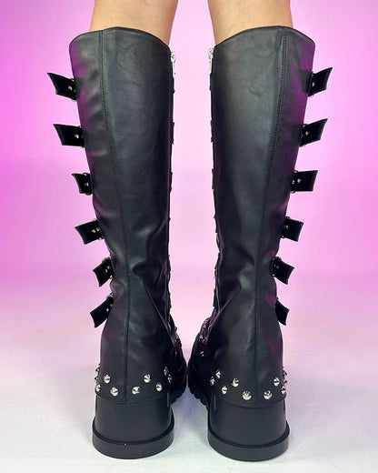 Demonia Buckled Stomp Women's Black Knee High Boots - InstaWOW Shop