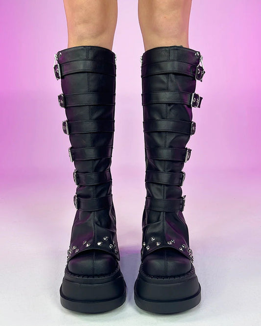 Demonia Buckled Stomp Women's Black Knee High Boots - InstaWOW Shop