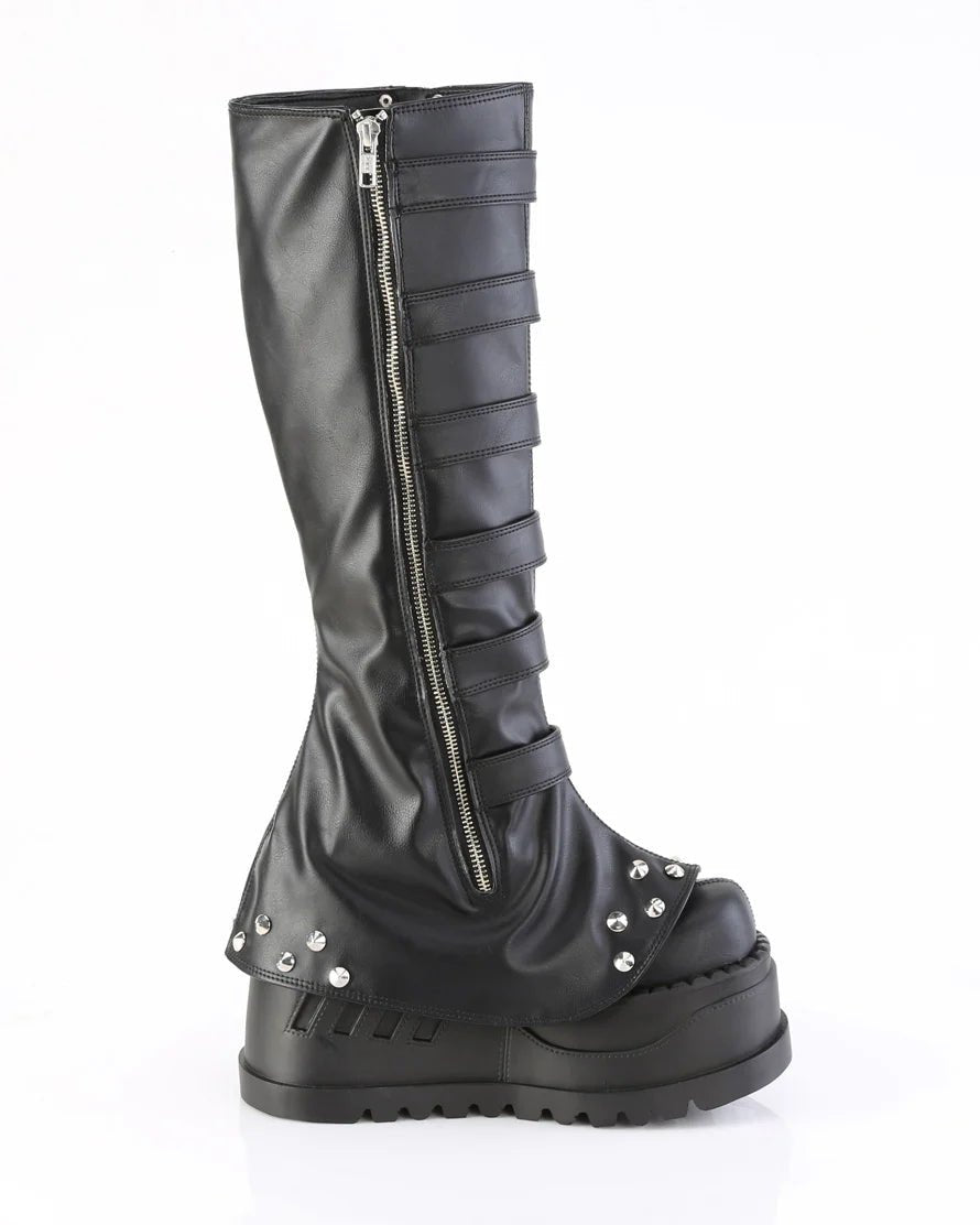 Demonia Buckled Stomp Women's Black Knee High Boots - InstaWOW Shop