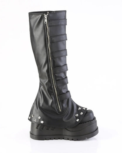Demonia Buckled Stomp Women's Black Knee High Boots - InstaWOW Shop