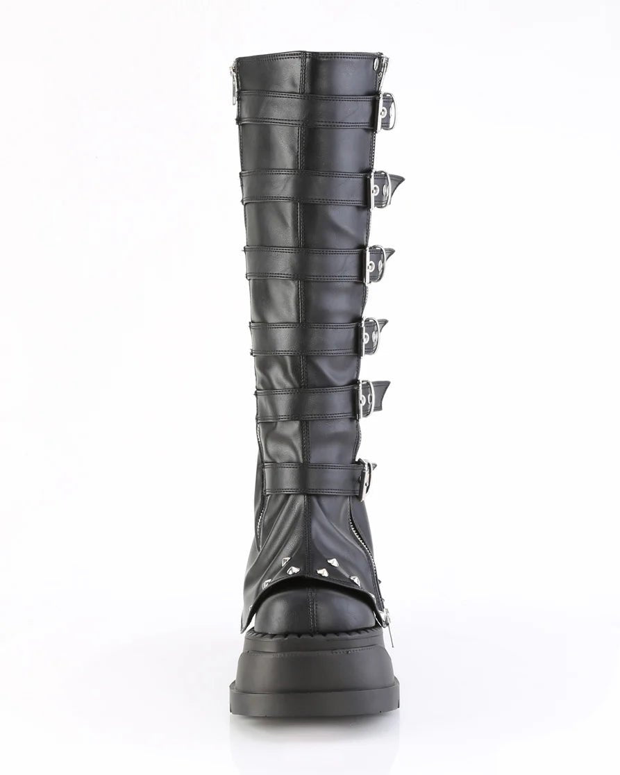Demonia Buckled Stomp Women's Black Knee High Boots - InstaWOW Shop
