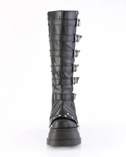 Demonia Buckled Stomp Women's Black Knee High Boots - InstaWOW Shop