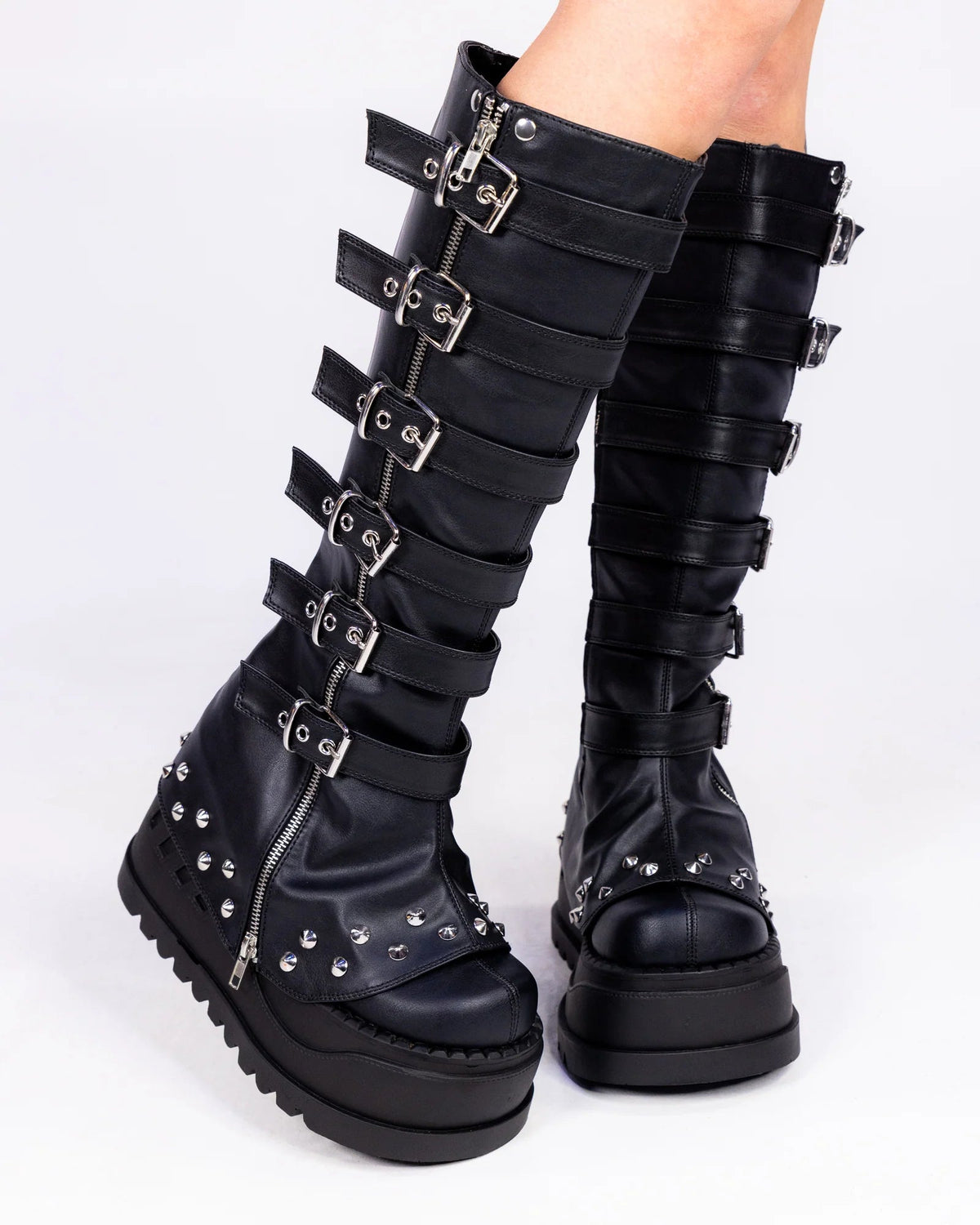 Demonia Buckled Stomp Women's Black Knee High Boots - InstaWOW Shop