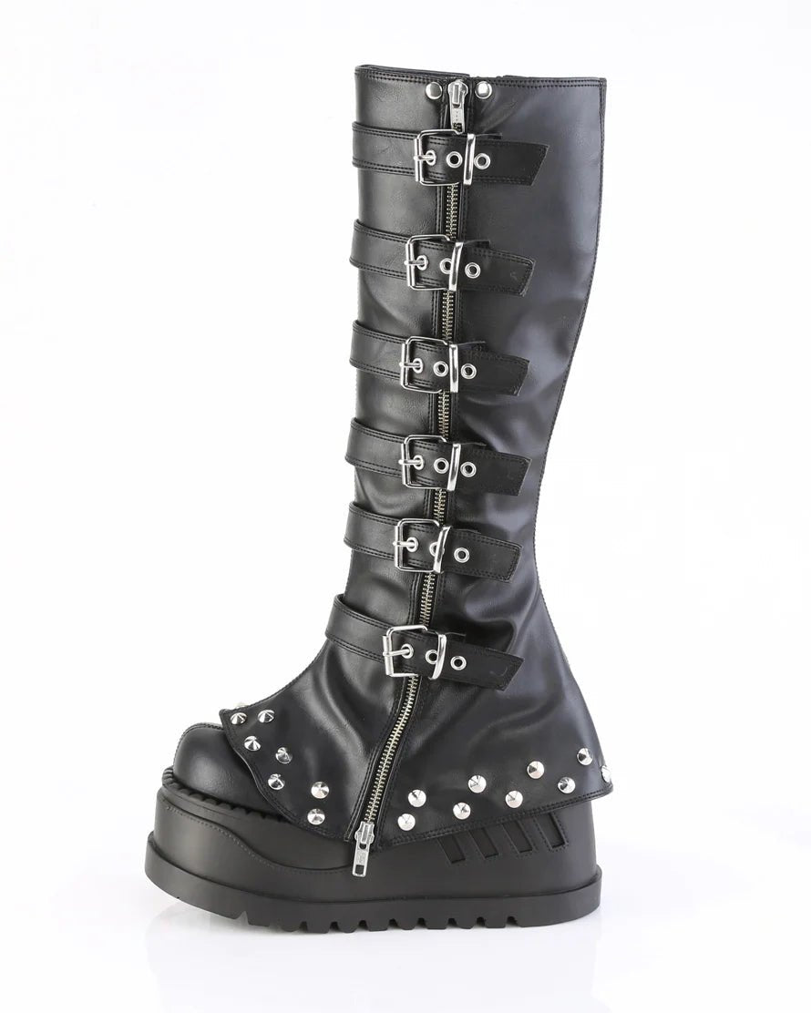 Demonia Buckled Stomp Women's Black Knee High Boots - InstaWOW Shop