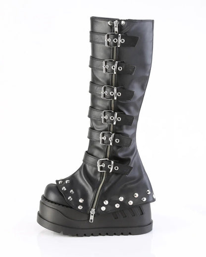 Demonia Buckled Stomp Women's Black Knee High Boots - InstaWOW Shop