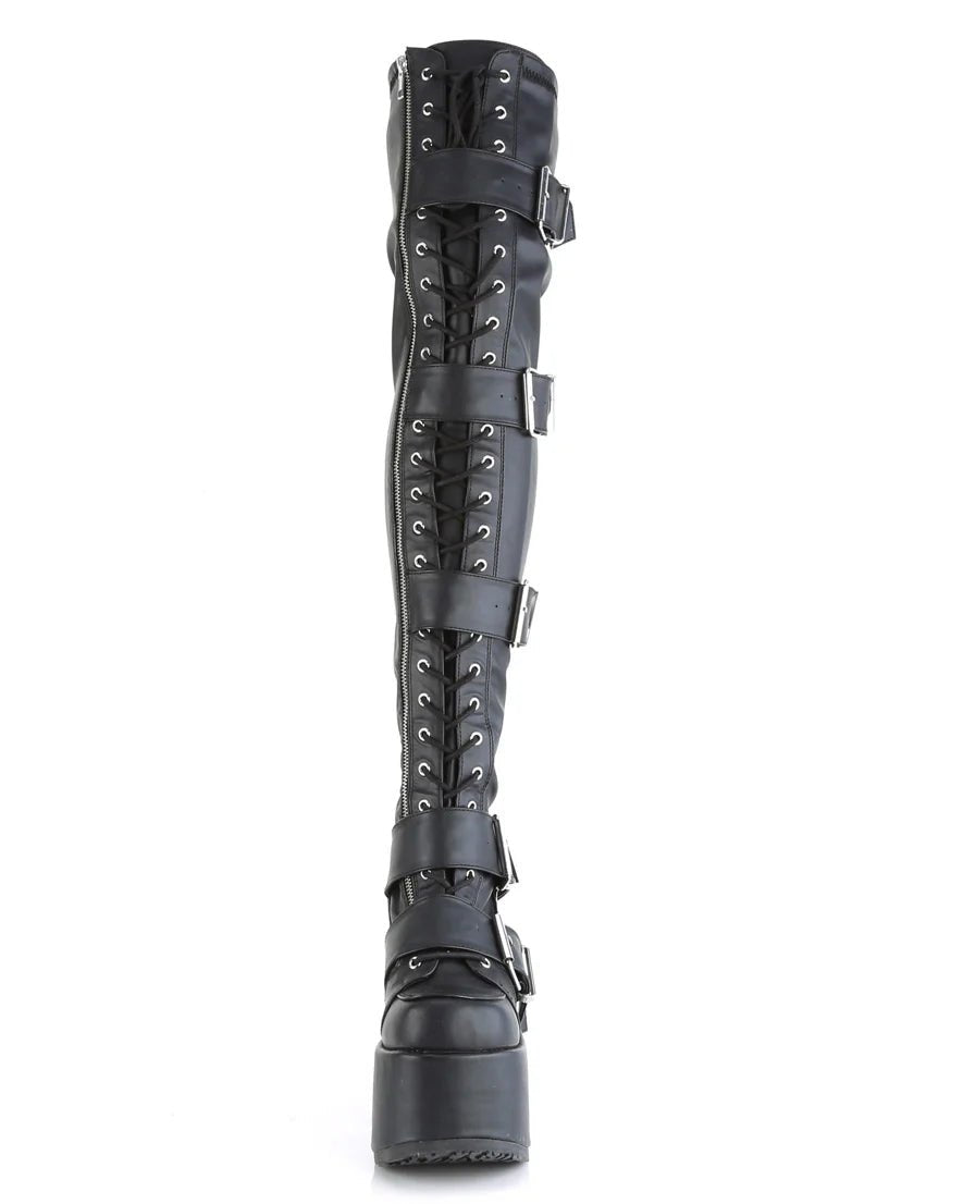 Demonia Camel Matte Black Women's Buckle Thigh High Platform Boots - InstaWOW Shop