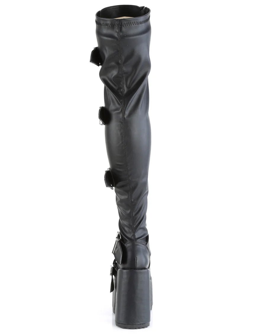 Demonia Camel Matte Black Women's Buckle Thigh High Platform Boots - InstaWOW Shop
