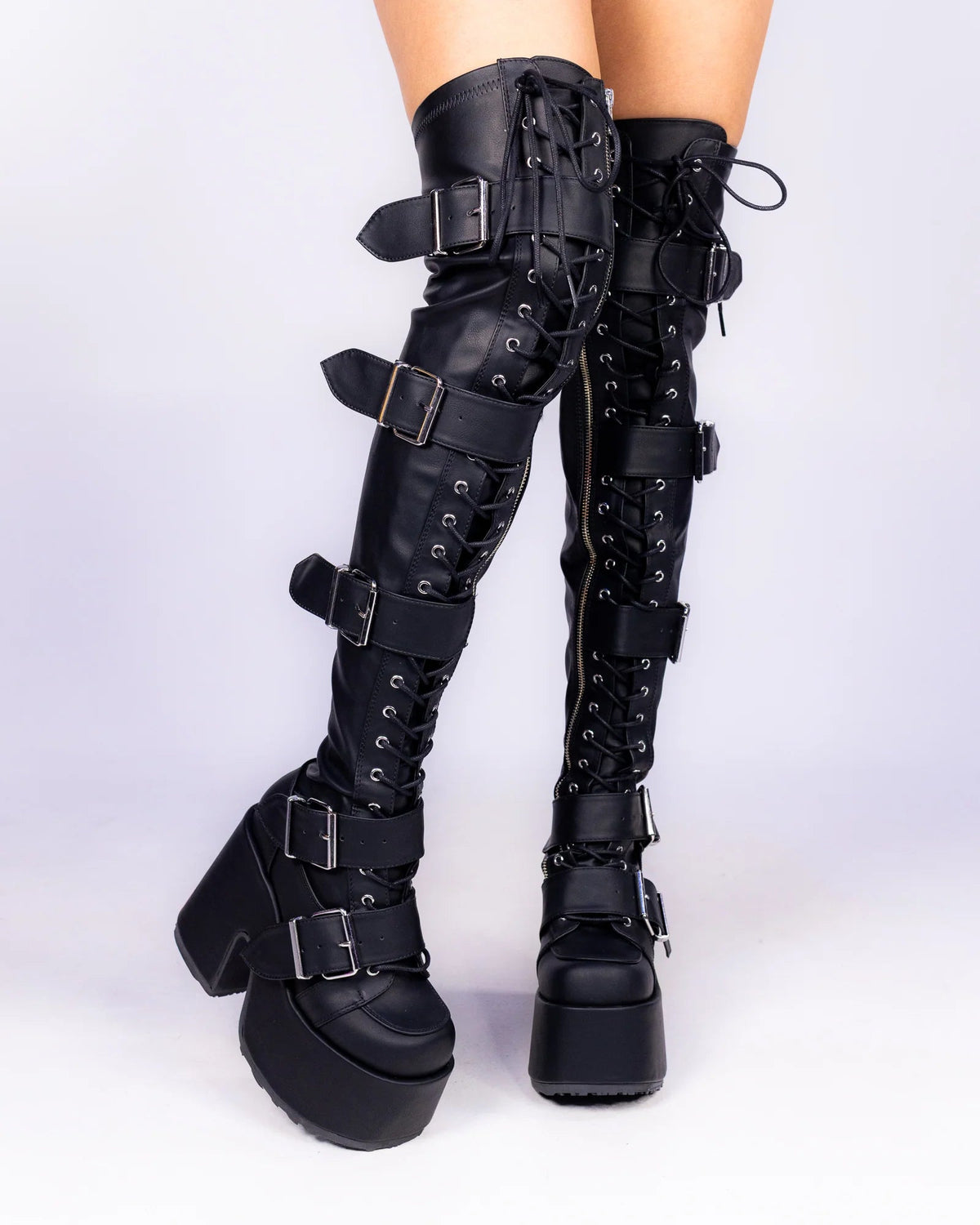 Demonia Camel Matte Black Women's Buckle Thigh High Platform Boots - InstaWOW Shop