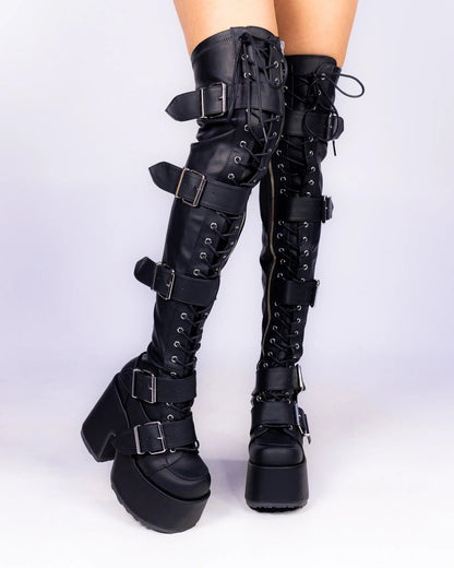 Demonia Camel Matte Black Women's Buckle Thigh High Platform Boots - InstaWOW Shop