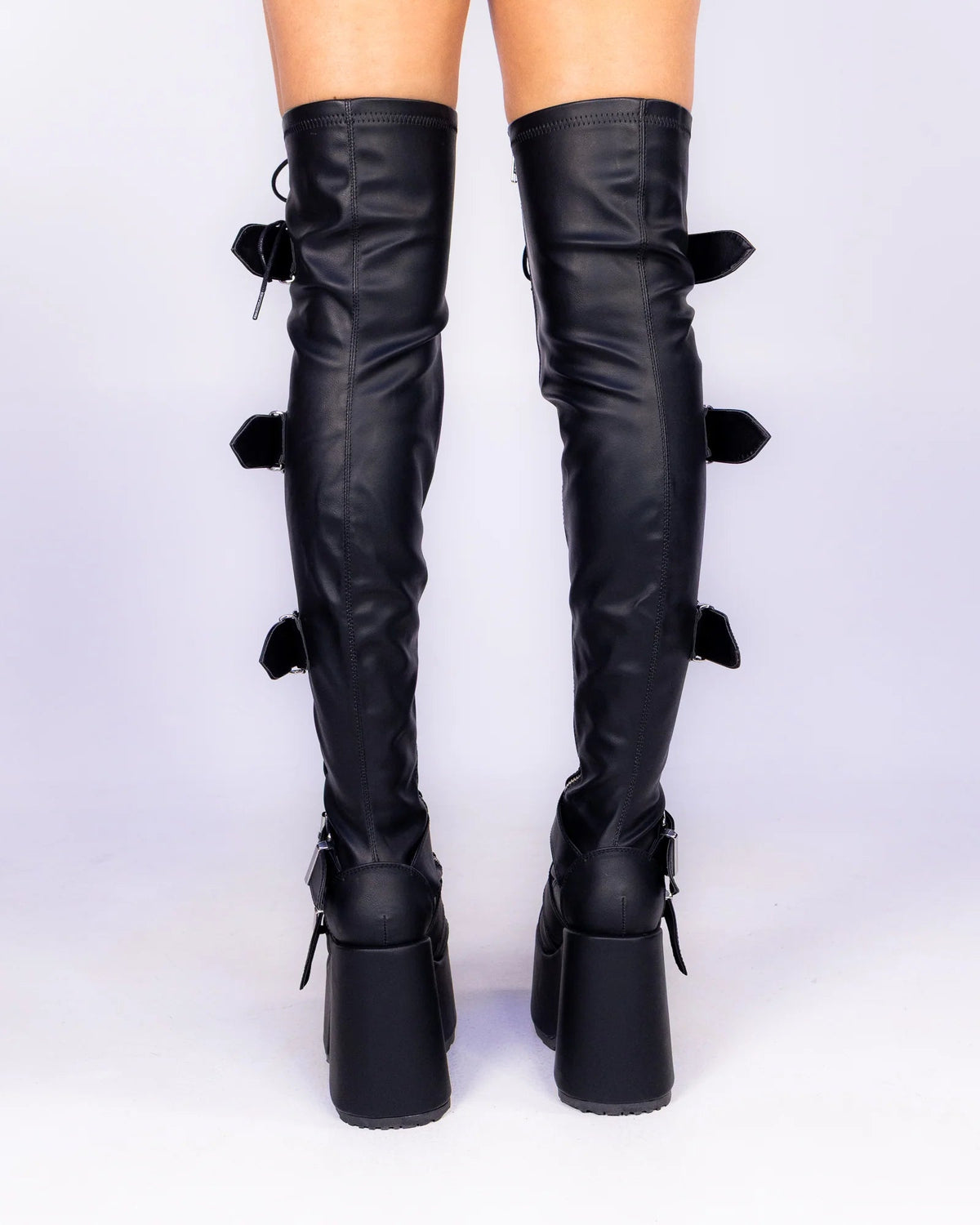 Demonia Camel Matte Black Women's Buckle Thigh High Platform Boots - InstaWOW Shop