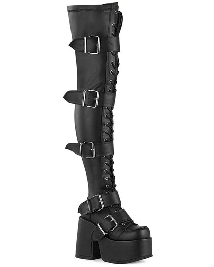Demonia Camel Matte Black Women's Buckle Thigh High Platform Boots - InstaWOW Shop