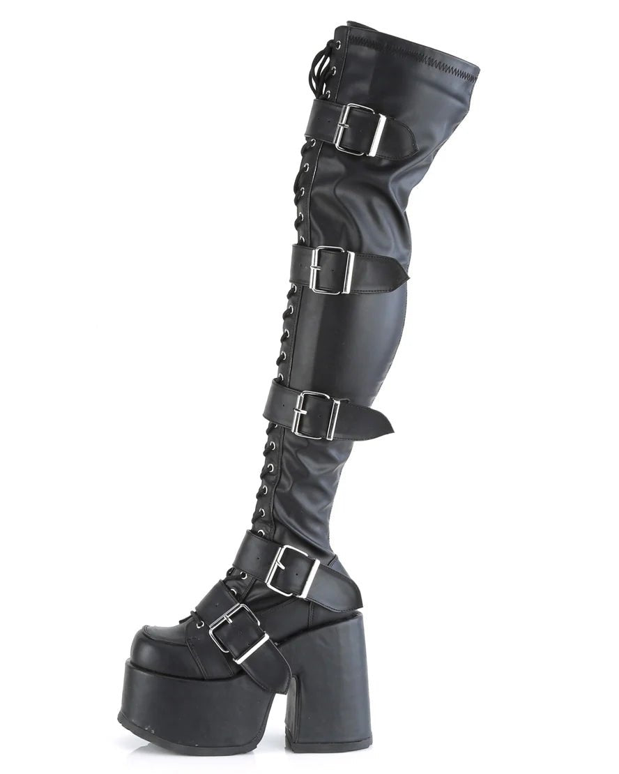 Demonia Camel Matte Black Women's Buckle Thigh High Platform Boots - InstaWOW Shop
