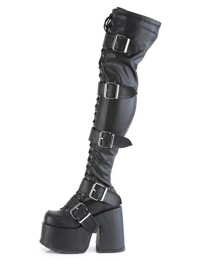 Demonia Camel Matte Black Women's Buckle Thigh High Platform Boots - InstaWOW Shop
