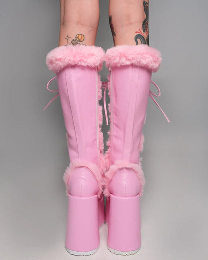 Demonia Pastel Pink Furry Winter Faux Fur Boots - InstaWOW Shop