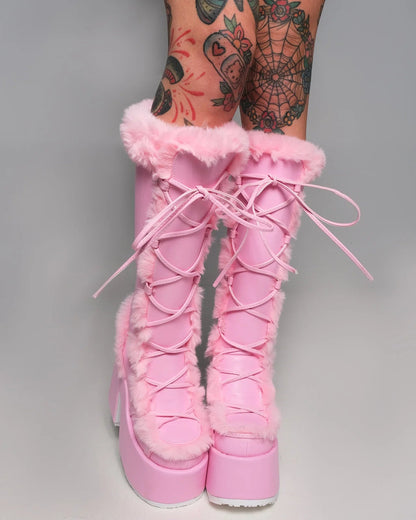 Demonia Pastel Pink Furry Winter Faux Fur Boots - InstaWOW Shop