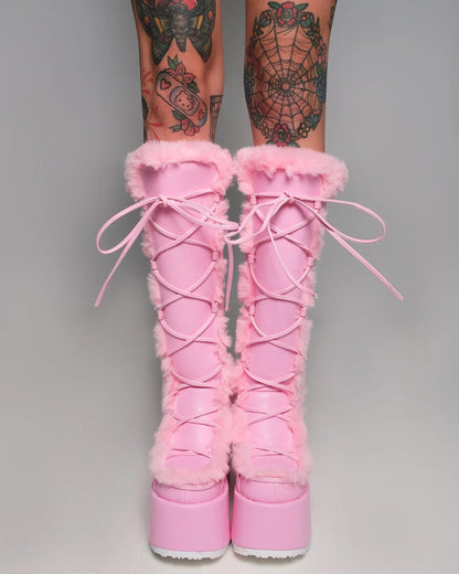 Demonia Pastel Pink Furry Winter Faux Fur Boots - InstaWOW Shop