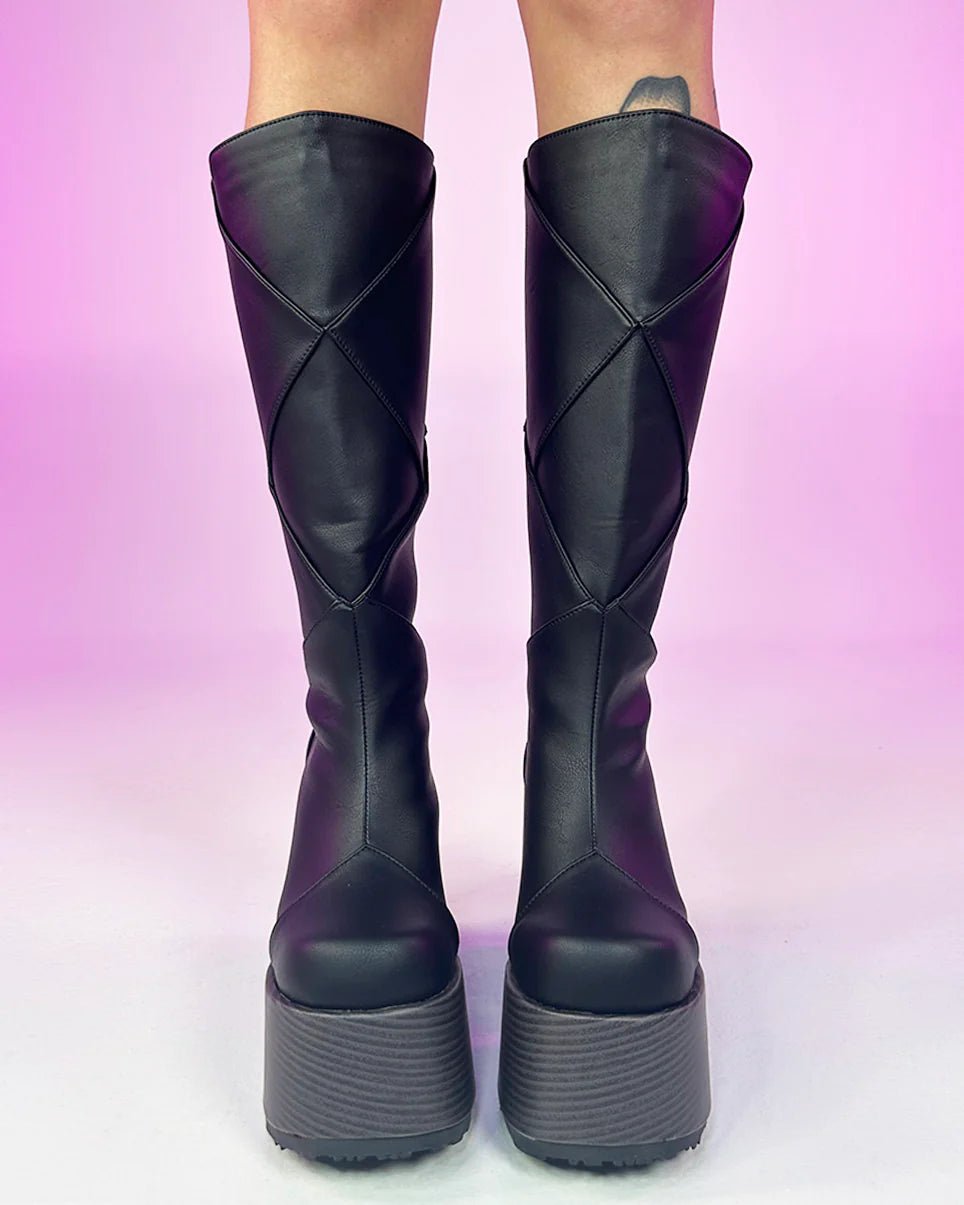 Demonia Patchwork Women's Black Knee High Boots - InstaWOW Shop