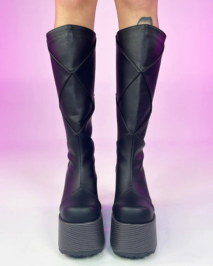 Demonia Patchwork Women's Black Knee High Boots - InstaWOW Shop