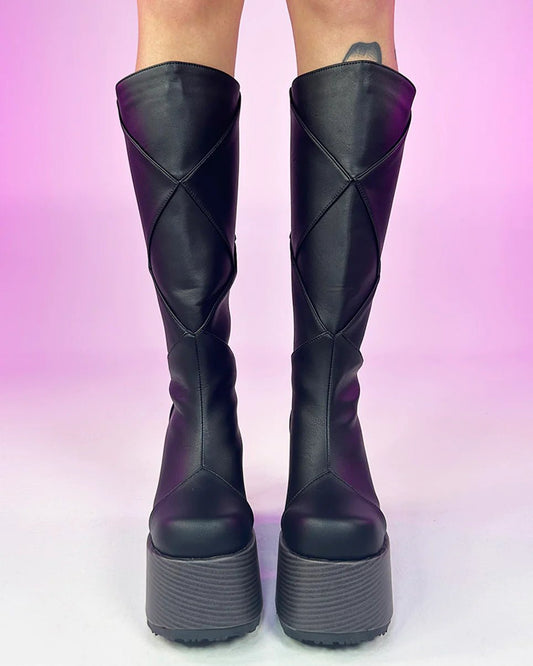 Demonia Patchwork Women's Black Knee High Boots - InstaWOW Shop