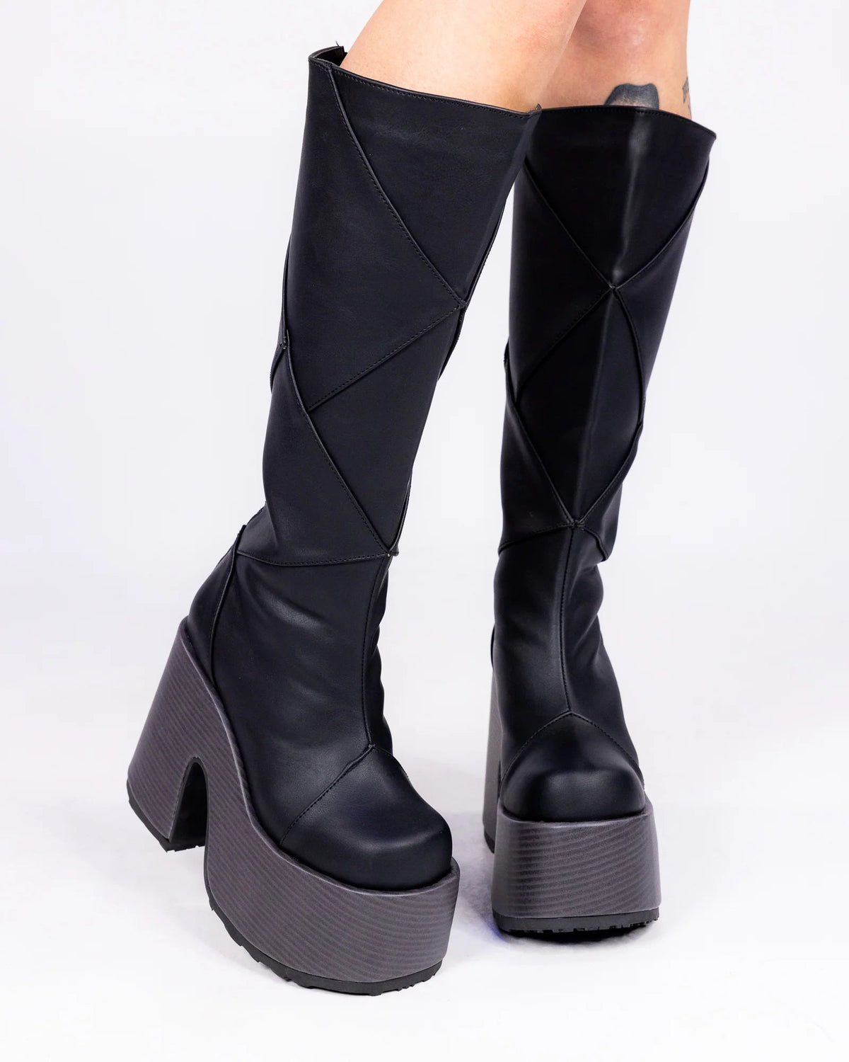 Demonia Patchwork Women's Black Knee High Boots - InstaWOW Shop