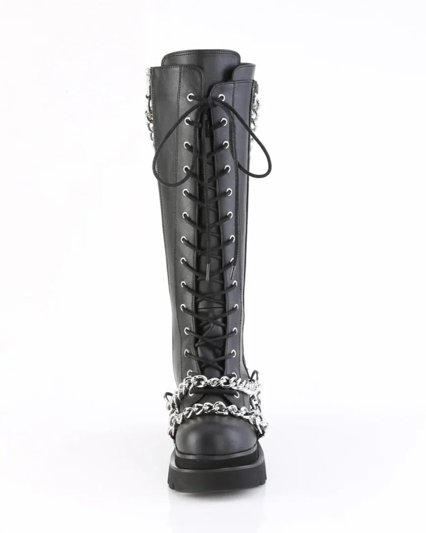Demonia Renegade Women's Black Knee High Chain Platform Boots - InstaWOW Shop
