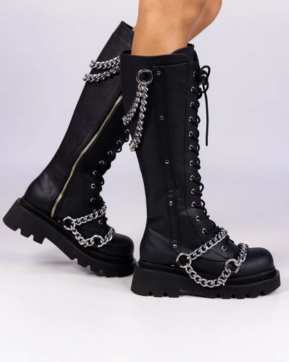 Demonia Renegade Women's Black Knee High Chain Platform Boots - InstaWOW Shop